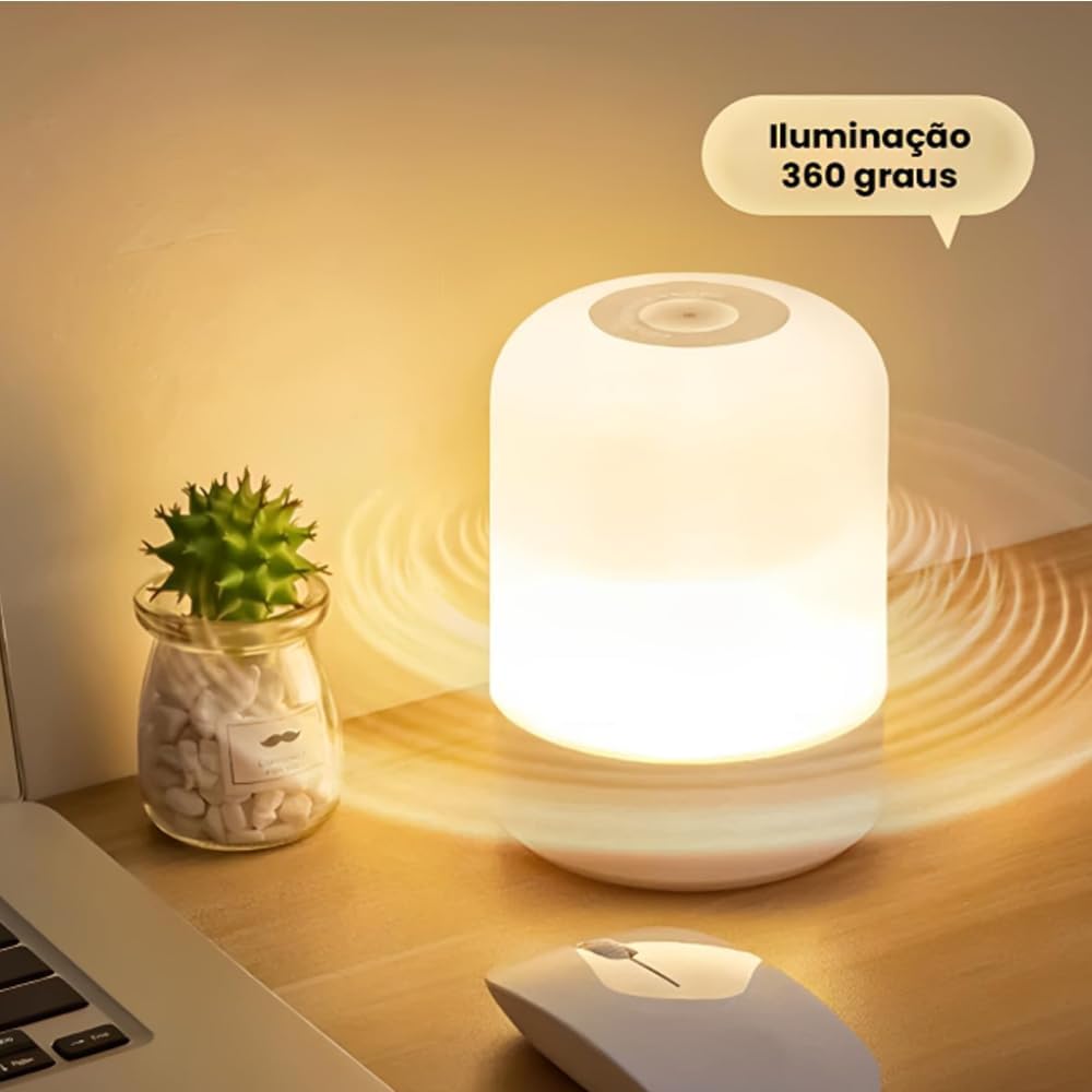 Luminária de Mesa Abajur de Cabeçeira com 3 Modos de Iluminação 360° LED Botão Touch Sem Fio Recarregável Para Criado Mudo, Estudos, Trabalho, Quarto, Escritório, Sala, Decoração e Leitura (8,5x7cm)