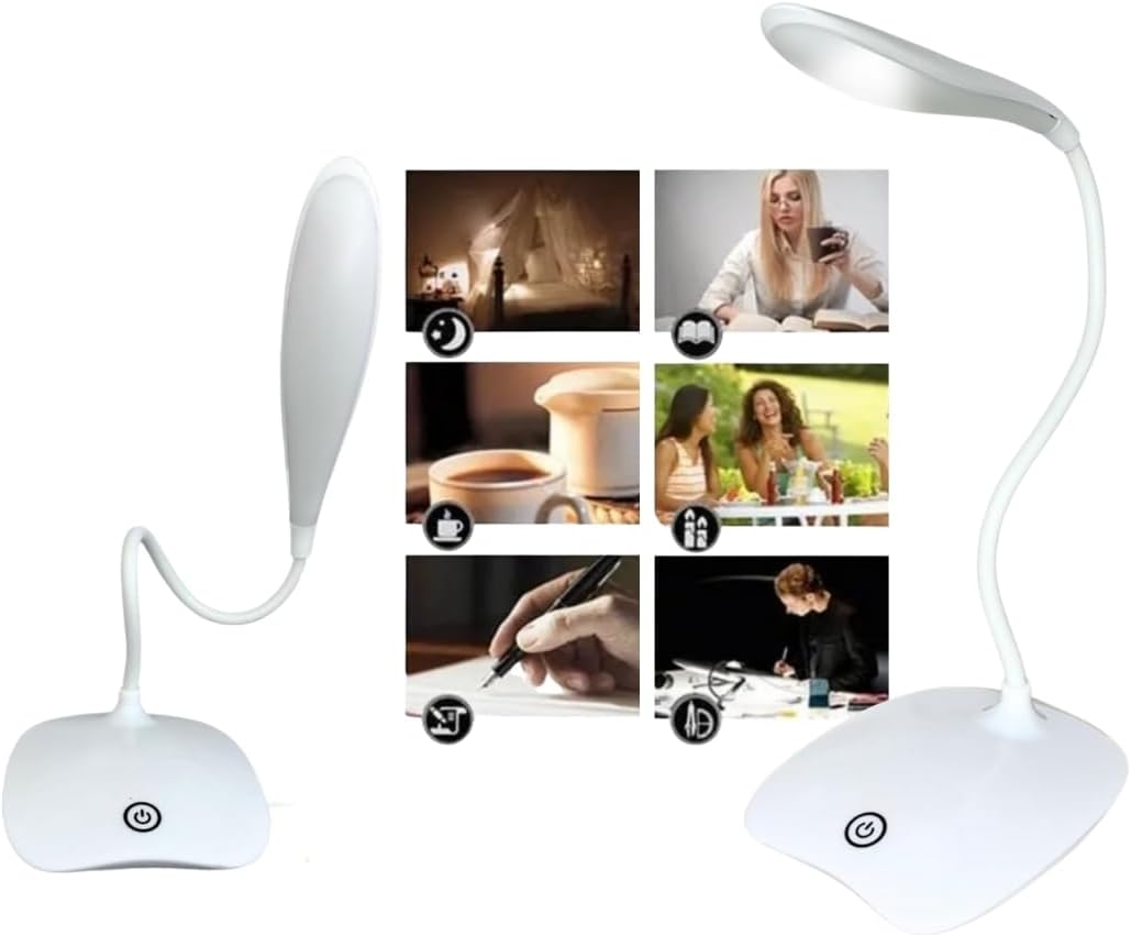 Luminária Abajur de Mesa LED, Flexível, Recarregável, Base Touch, Ideal para Estudo Trabalho Escritório Cabeceira, Branca