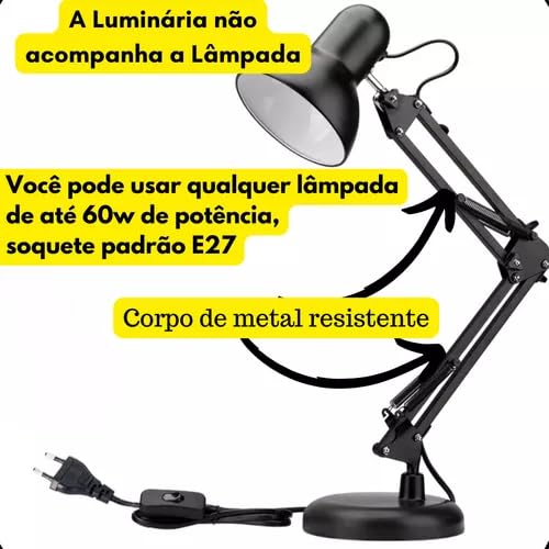 Luminária Articulada De Mesa Abajur Modelo Pixar Com Base E Garra (PRETO)