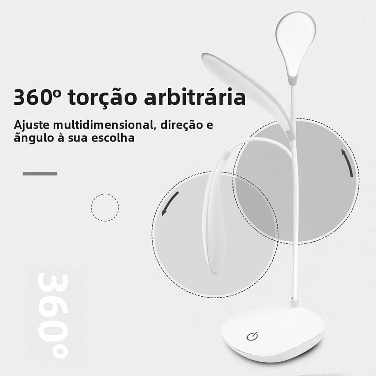 Luminária Abajur de Mesa LED, Flexível, Recarregável, Base Touch, Ideal para Estudo Trabalho Escritório Cabeceira, Branca