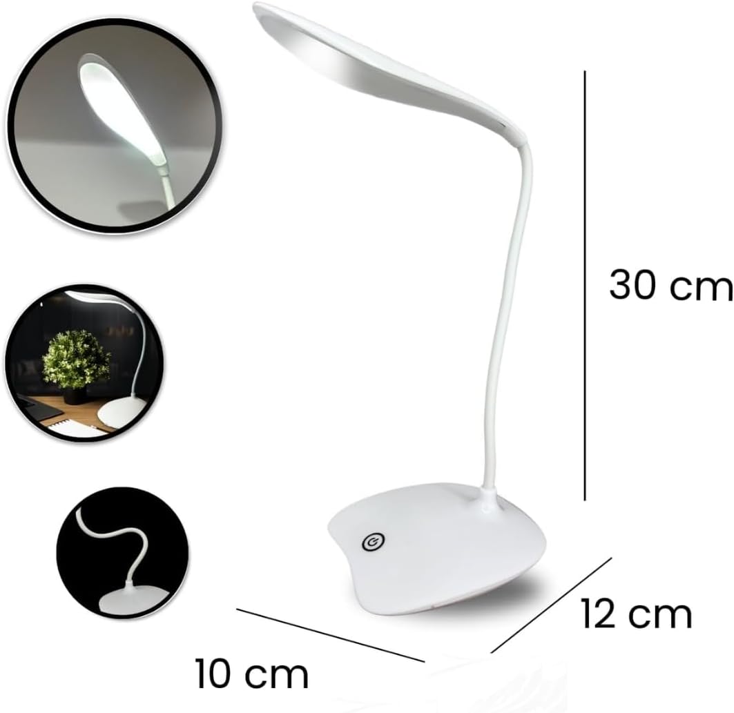 Luminária Abajur de Mesa LED, Flexível, Recarregável, Base Touch, Ideal para Estudo Trabalho Escritório Cabeceira, Branca
