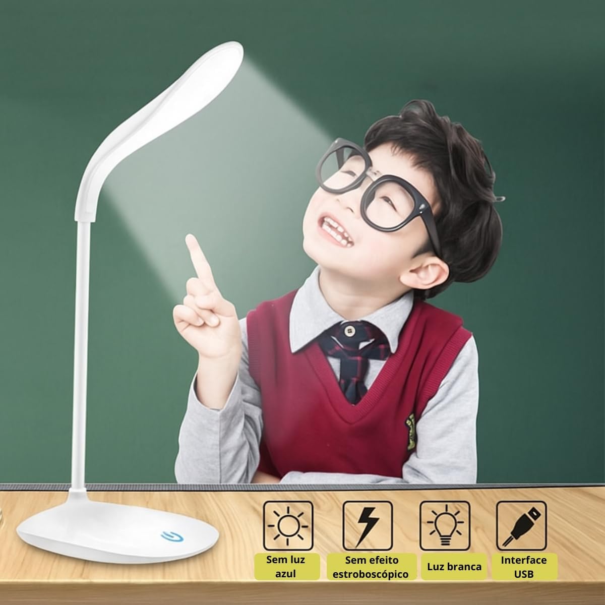 Luminária Abajur de Mesa LED, Flexível, Recarregável, Base Touch, Ideal para Estudo Trabalho Escritório Cabeceira, Branca