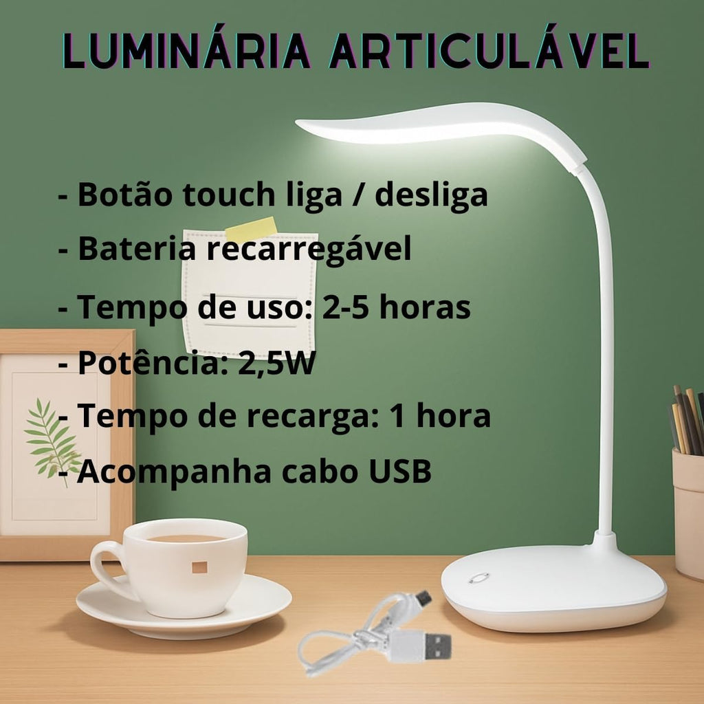 Luminária Abajur de Mesa LED, Flexível, Recarregável, Base Touch, Ideal para Estudo Trabalho Escritório Cabeceira, Branca