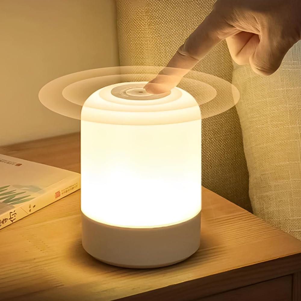 Luminária de Mesa Abajur de Cabeçeira com 3 Modos de Iluminação 360° LED Botão Touch Sem Fio Recarregável Para Criado Mudo, Estudos, Trabalho, Quarto, Escritório, Sala, Decoração e Leitura (8,5x7cm)