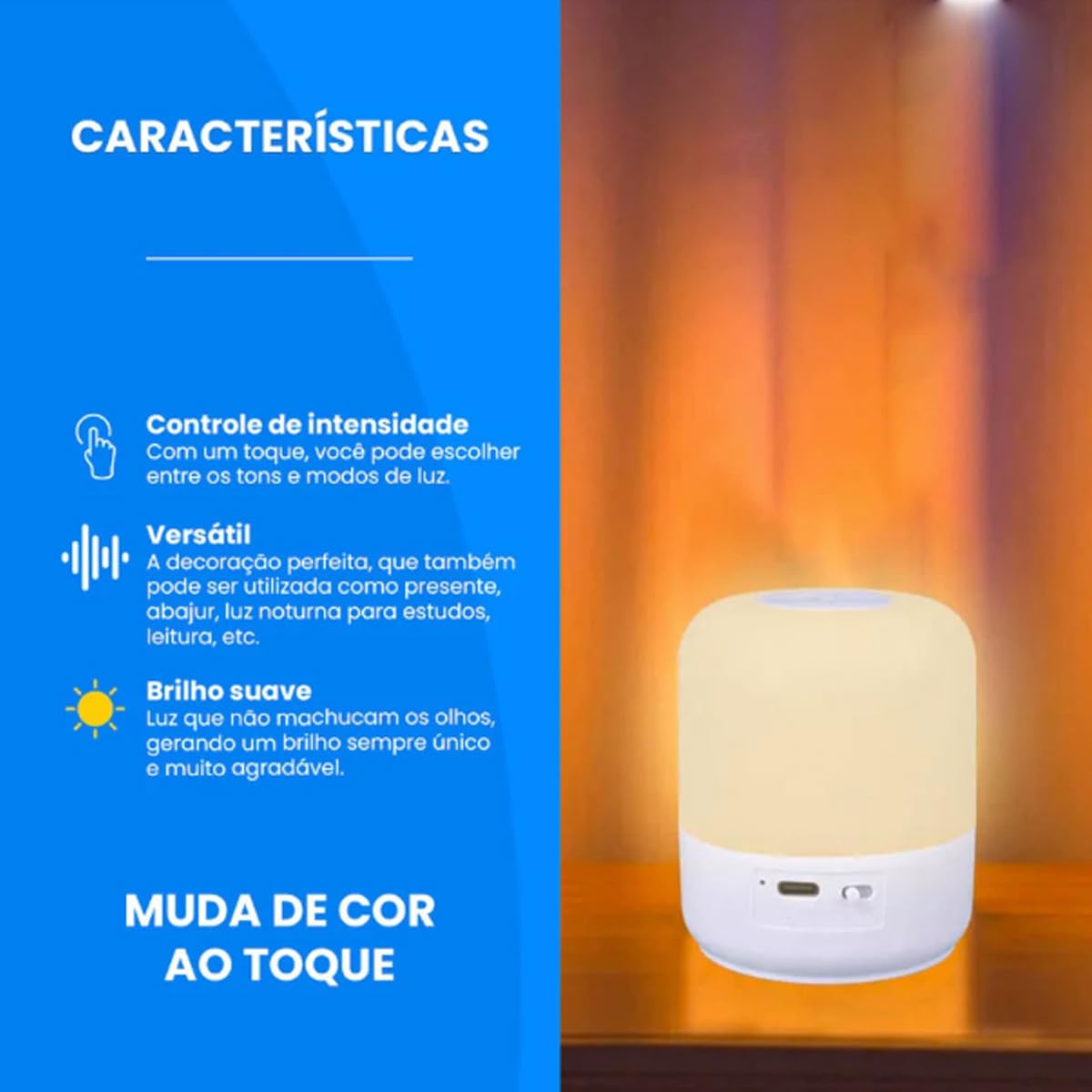 Luminária de Mesa Abajur de Cabeçeira com 3 Modos de Iluminação 360° LED Botão Touch Sem Fio Recarregável Para Criado Mudo, Estudos, Trabalho, Quarto, Escritório, Sala, Decoração e Leitura (8,5x7cm)