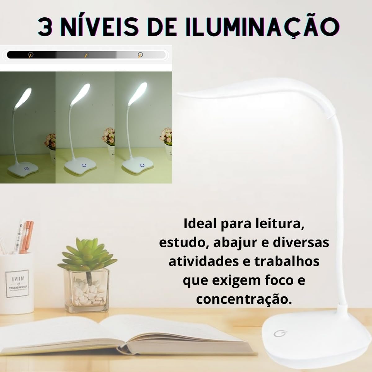 Luminária Abajur de Mesa LED, Flexível, Recarregável, Base Touch, Ideal para Estudo Trabalho Escritório Cabeceira, Branca