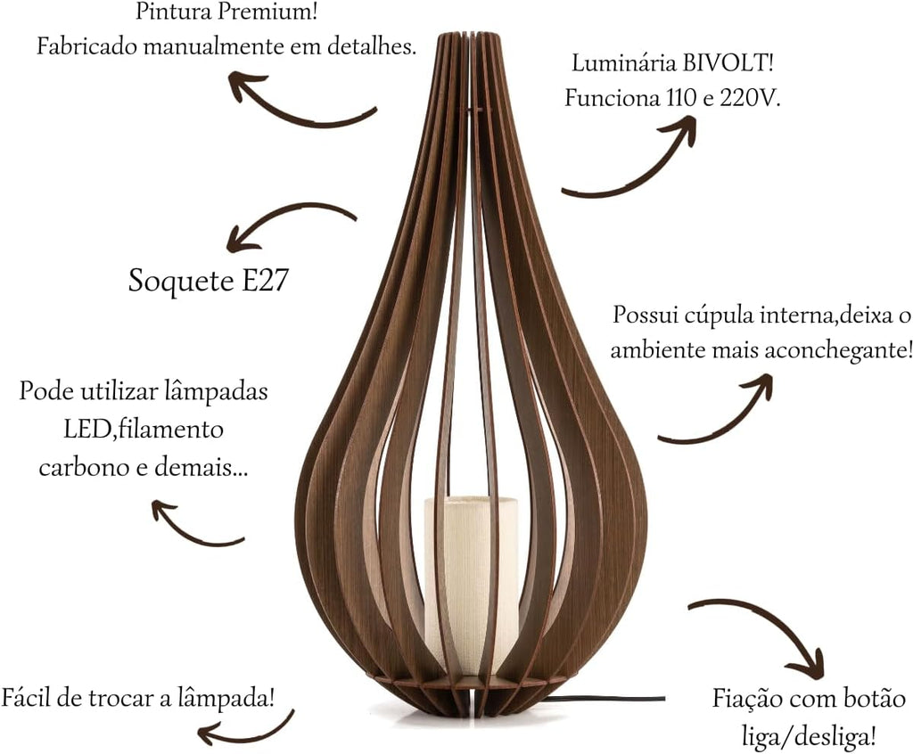 Abajur De Chão Adhara 60 Cm Madeira MDF Rústico Para Sala